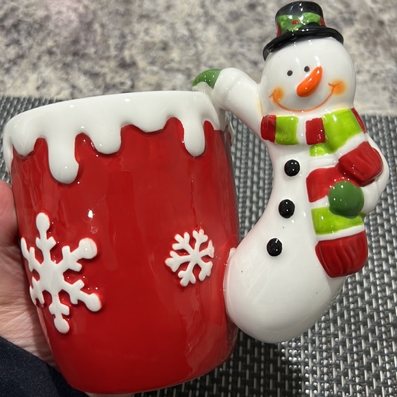 Retro Festive Christmas Snowman Snowflakes Sculpted Ceramic Large Holiday Mug - Picture 6 of 8
